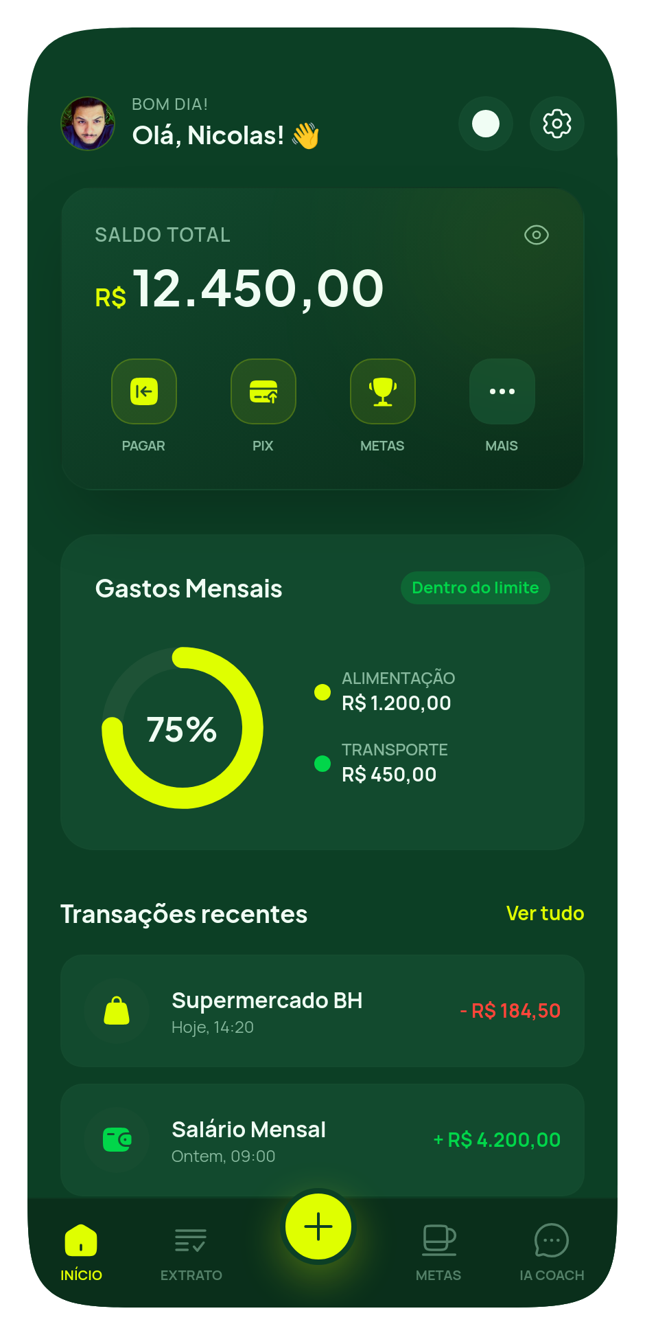 Dashboard do Poupi mostrando saldo, gastos e transacoes recentes